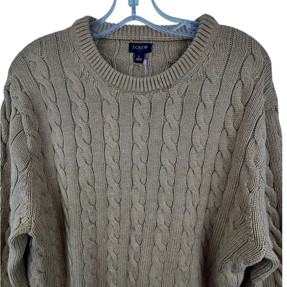 J. Crew Men's Cable Knit Camel Crewneck Sweater Size L Preppy Quiet Luxury